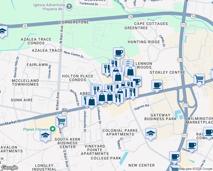 map of restaurants, bars, coffee shops, grocery stores, and more near 210 Cobblestone Dr in Wilmington