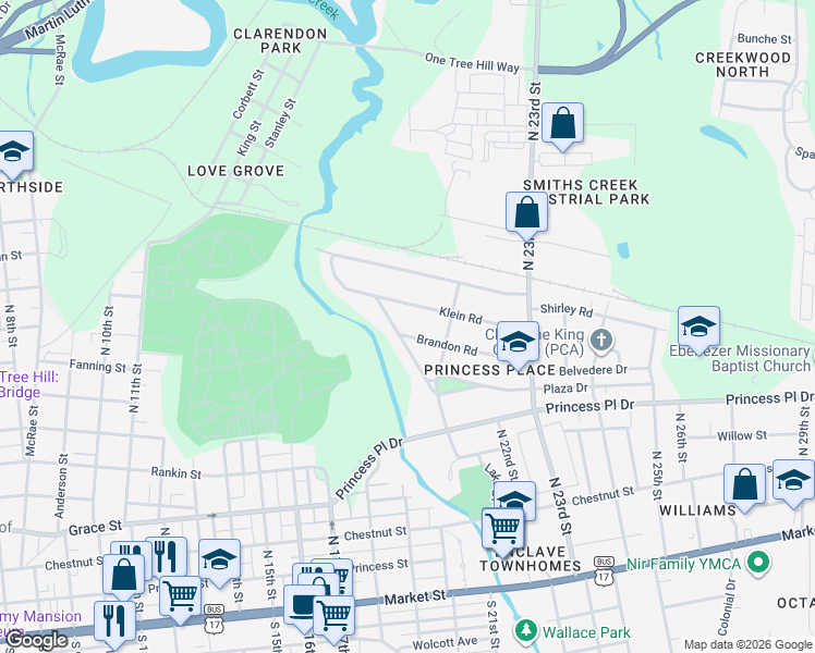 map of restaurants, bars, coffee shops, grocery stores, and more near 2114 Klein Road in Wilmington