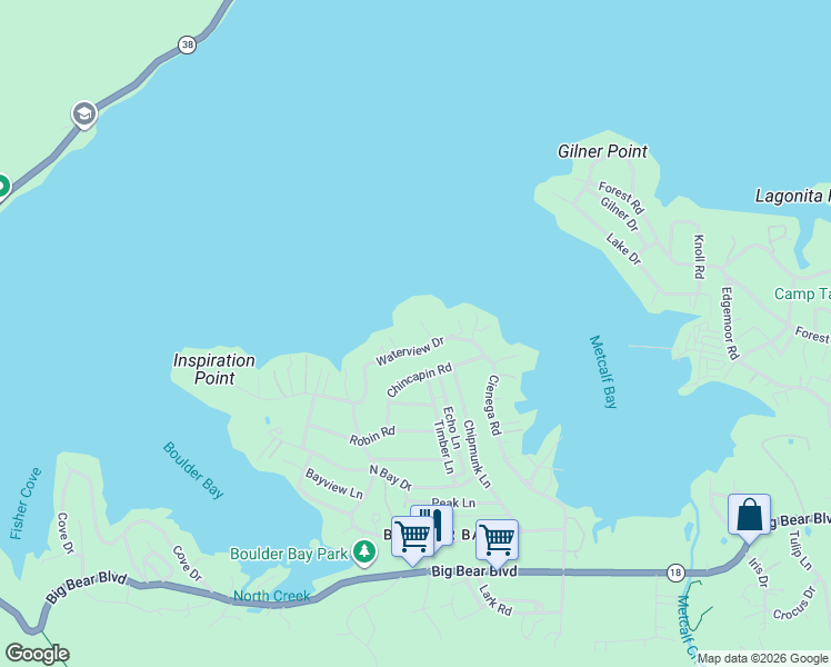 map of restaurants, bars, coffee shops, grocery stores, and more near 356 Pulaski Road in Big Bear Lake