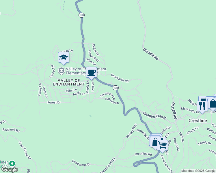 map of restaurants, bars, coffee shops, grocery stores, and more near 381 California 138 in Crestline