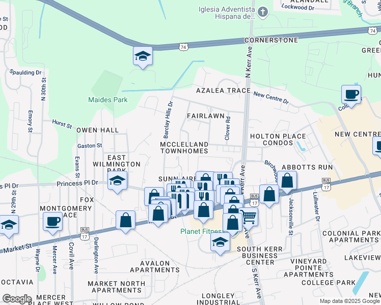 map of restaurants, bars, coffee shops, grocery stores, and more near 334 Saint Rosea Road in Wilmington