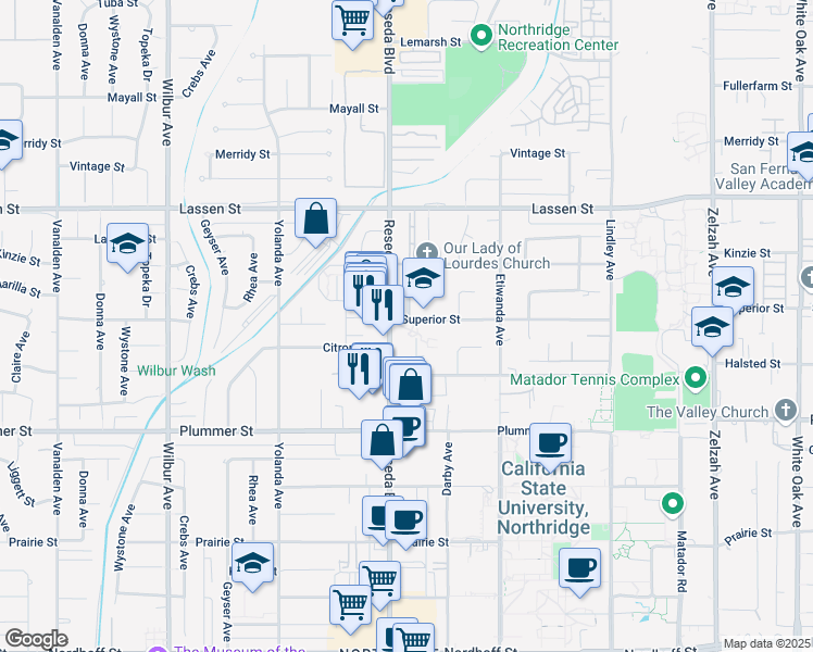 map of restaurants, bars, coffee shops, grocery stores, and more near 9650 Reseda Boulevard in Los Angeles