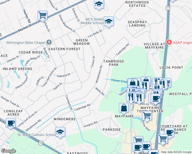 map of restaurants, bars, coffee shops, grocery stores, and more near 621-625 Windemere Rd in Wilmington