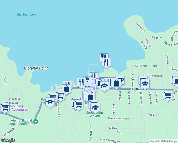 map of restaurants, bars, coffee shops, grocery stores, and more near 400 Pine Knot Avenue in Big Bear Lake