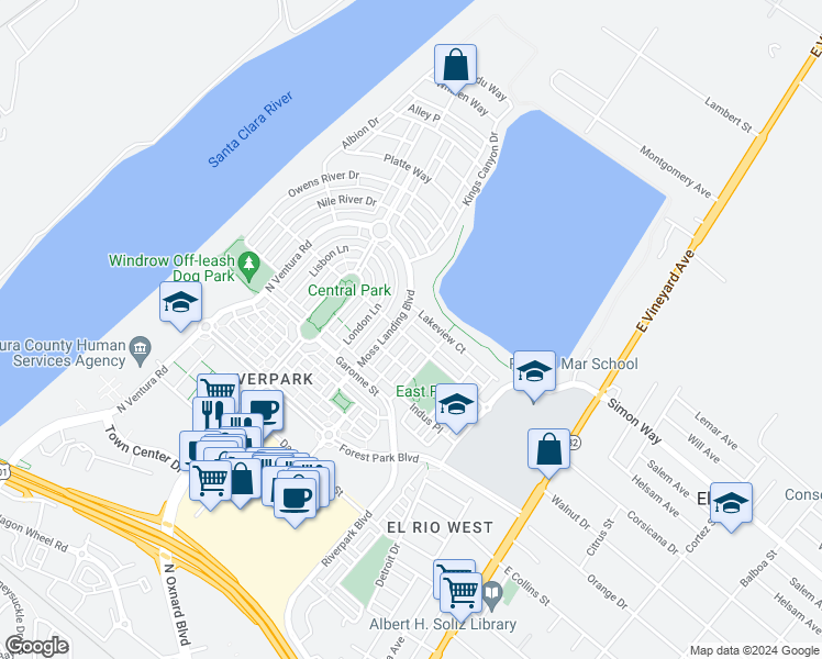 map of restaurants, bars, coffee shops, grocery stores, and more near 429 Kiawah River Drive in Oxnard