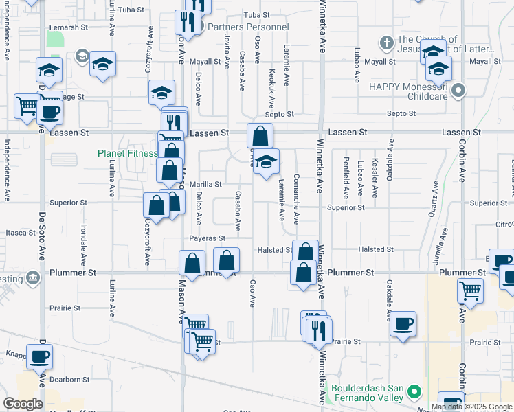 map of restaurants, bars, coffee shops, grocery stores, and more near 9678 Oso Avenue in Los Angeles