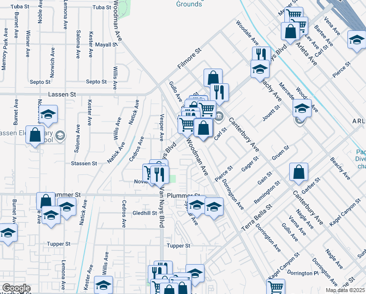 map of restaurants, bars, coffee shops, grocery stores, and more near 159 Van Nuys Boulevard in Los Angeles