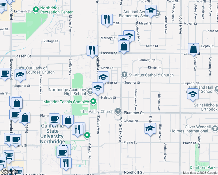 map of restaurants, bars, coffee shops, grocery stores, and more near 17720 Superior Street in Los Angeles