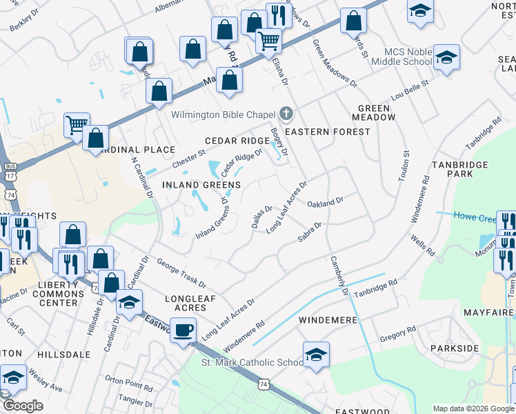 map of restaurants, bars, coffee shops, grocery stores, and more near 300 Wiregrass Rd in Wilmington