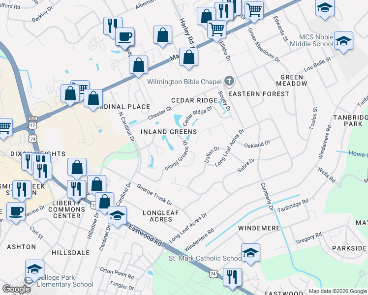 map of restaurants, bars, coffee shops, grocery stores, and more near 6025 Inland Greens Drive in Wilmington