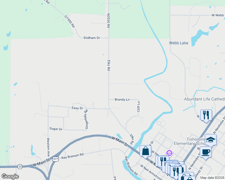 map of restaurants, bars, coffee shops, grocery stores, and more near 309 Elks Road in Tishomingo