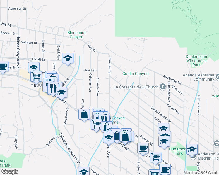 map of restaurants, bars, coffee shops, grocery stores, and more near Lowell Ave & El Caminito St in Glendale