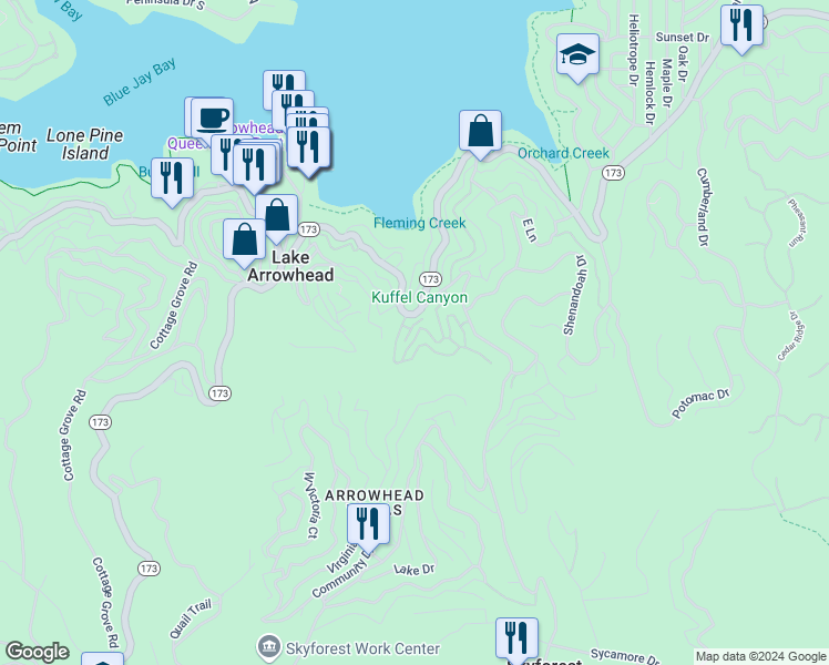 map of restaurants, bars, coffee shops, grocery stores, and more near 142 Rockledge Lane in Lake Arrowhead