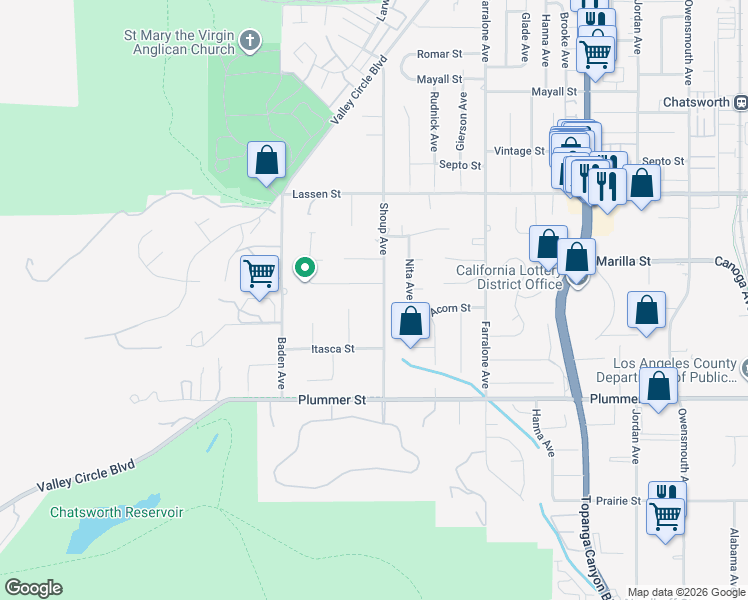 map of restaurants, bars, coffee shops, grocery stores, and more near 9661 Shoup Avenue in Los Angeles