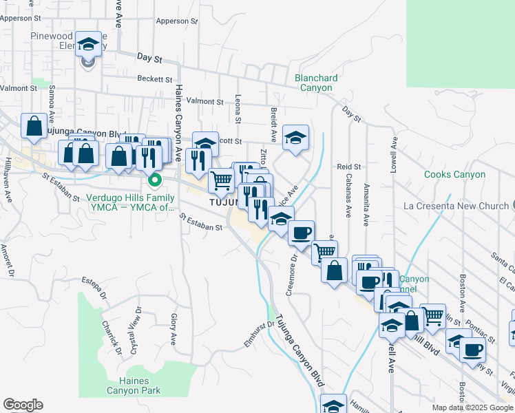 map of restaurants, bars, coffee shops, grocery stores, and more near 6571 Foothill Boulevard in Los Angeles