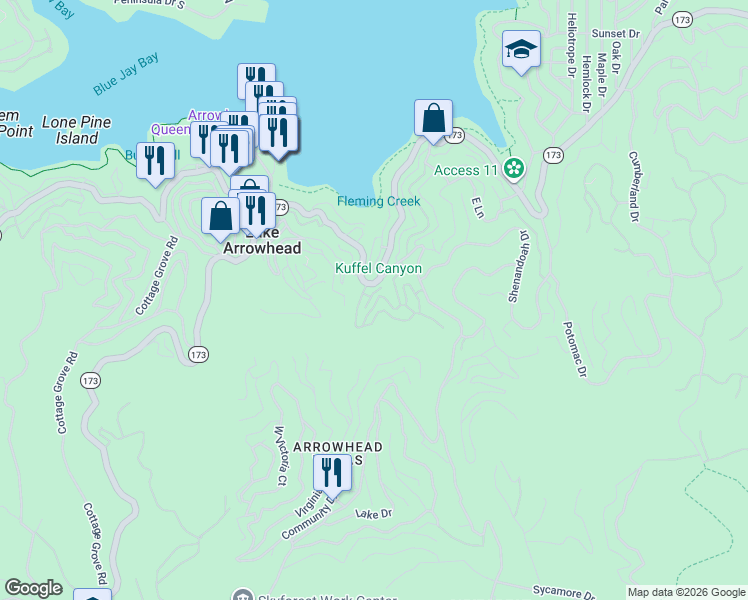 map of restaurants, bars, coffee shops, grocery stores, and more near 142 Rockledge Lane in Lake Arrowhead