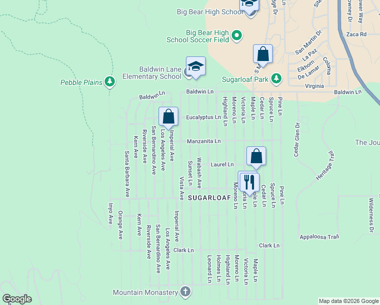 map of restaurants, bars, coffee shops, grocery stores, and more near 321 Sunset Lane in Big Bear