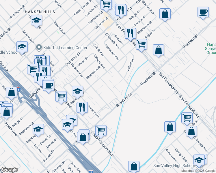 map of restaurants, bars, coffee shops, grocery stores, and more near 9703 Pine Orchard Street in Los Angeles