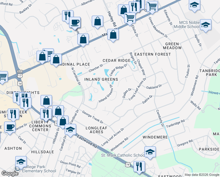 map of restaurants, bars, coffee shops, grocery stores, and more near 6025 Inland Greens Drive in Wilmington