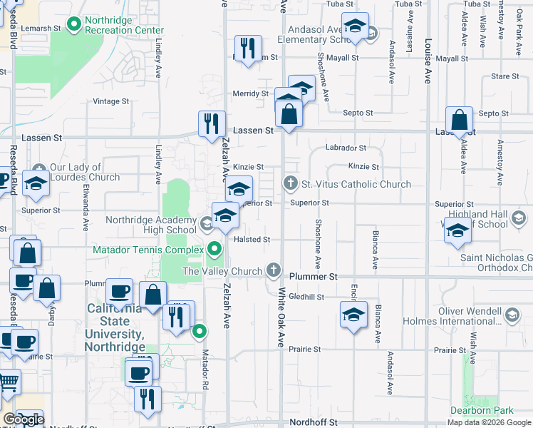 map of restaurants, bars, coffee shops, grocery stores, and more near 17720 Superior Street in Los Angeles