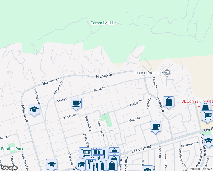 map of restaurants, bars, coffee shops, grocery stores, and more near 21 Lori Lane in Camarillo