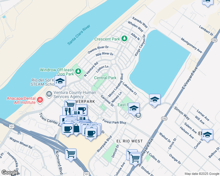 map of restaurants, bars, coffee shops, grocery stores, and more near 3113 London Lane in Oxnard