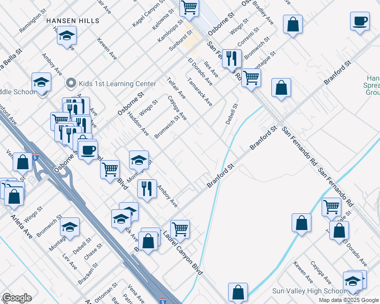 map of restaurants, bars, coffee shops, grocery stores, and more near 9703 Pine Orchard Street in Los Angeles