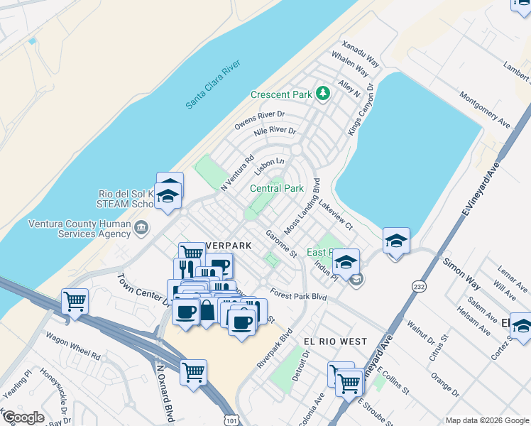 map of restaurants, bars, coffee shops, grocery stores, and more near 3102 North Oxnard Boulevard in Oxnard