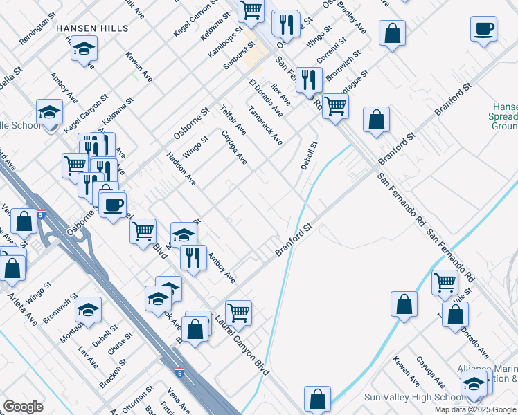 map of restaurants, bars, coffee shops, grocery stores, and more near 9670 Pine Orchard Street in Los Angeles