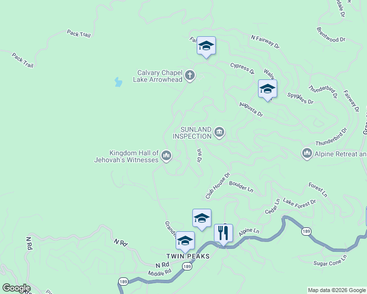 map of restaurants, bars, coffee shops, grocery stores, and more near 329 Cedarbrook Drive in Twin Peaks
