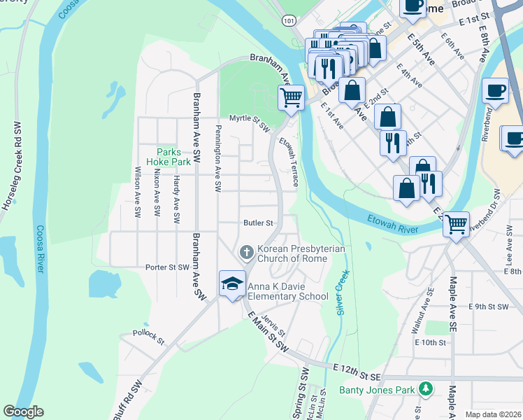 map of restaurants, bars, coffee shops, grocery stores, and more near 11 McGhee Street Southwest in Rome