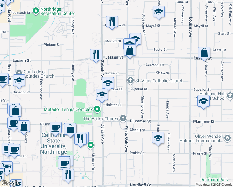 map of restaurants, bars, coffee shops, grocery stores, and more near 17738 Superior Street in Los Angeles