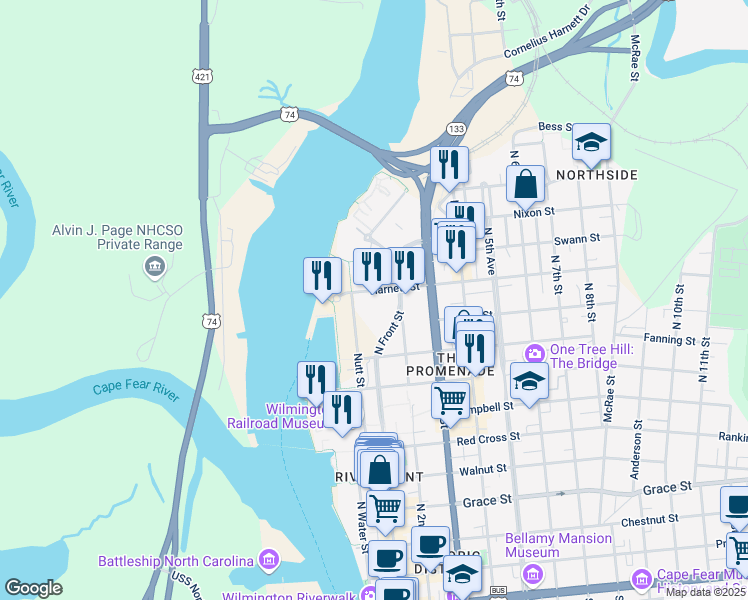map of restaurants, bars, coffee shops, grocery stores, and more near 929 North Front Street in Wilmington