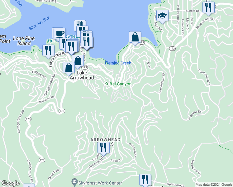 map of restaurants, bars, coffee shops, grocery stores, and more near 142 Rockledge Lane in Lake Arrowhead