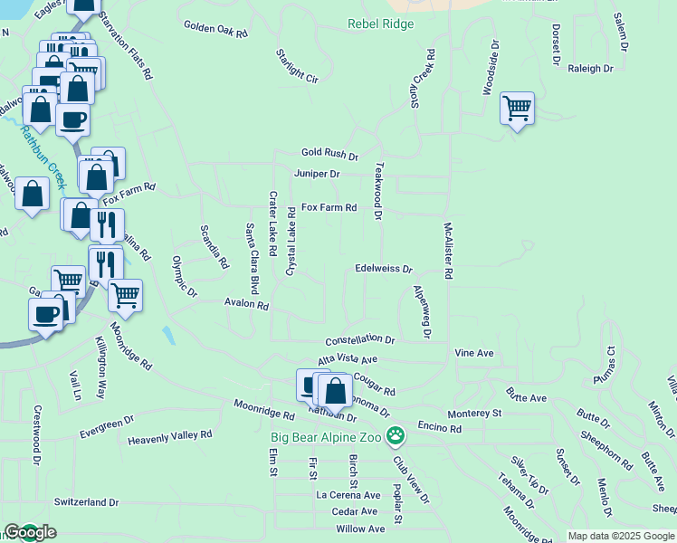 map of restaurants, bars, coffee shops, grocery stores, and more near 42682 Edelweiss Drive in Big Bear Lake