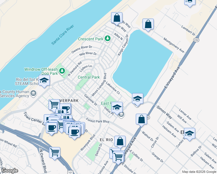 map of restaurants, bars, coffee shops, grocery stores, and more near 422 Lakeview Court in Oxnard