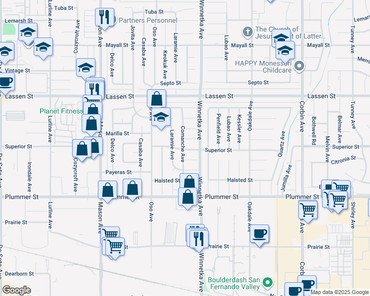 map of restaurants, bars, coffee shops, grocery stores, and more near 9704 Comanche Avenue in Los Angeles