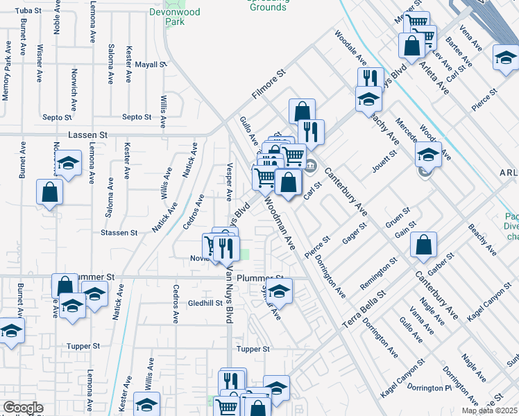 map of restaurants, bars, coffee shops, grocery stores, and more near 14500 Van Nuys Boulevard in Los Angeles