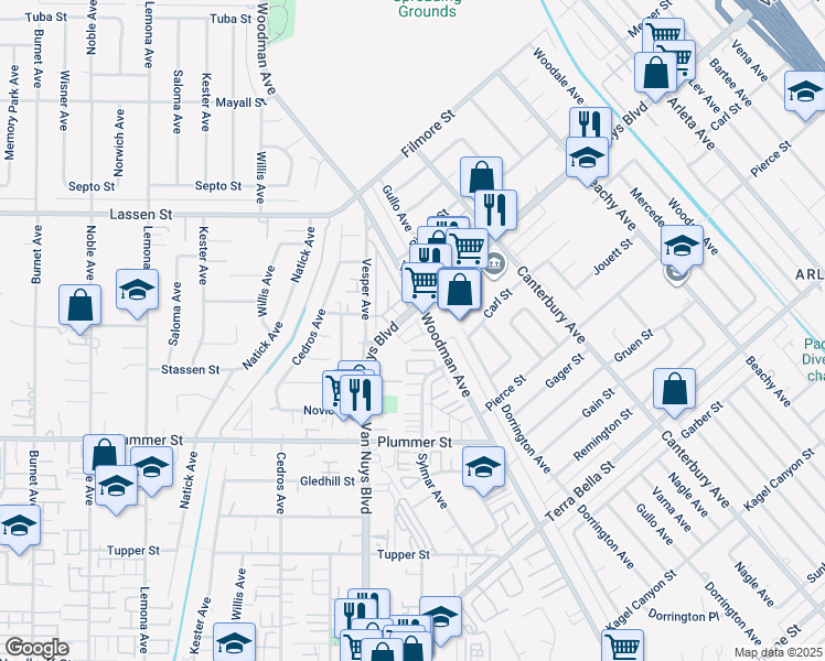 map of restaurants, bars, coffee shops, grocery stores, and more near 14500 Van Nuys Boulevard in Los Angeles