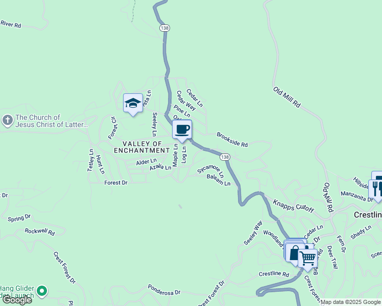 map of restaurants, bars, coffee shops, grocery stores, and more near 390 Redwood Drive in Crestline