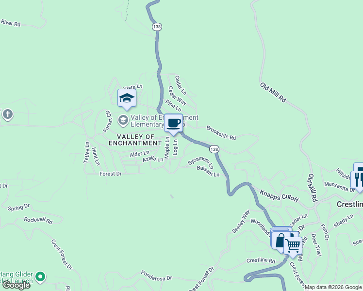 map of restaurants, bars, coffee shops, grocery stores, and more near 390 Redwood Drive in Crestline