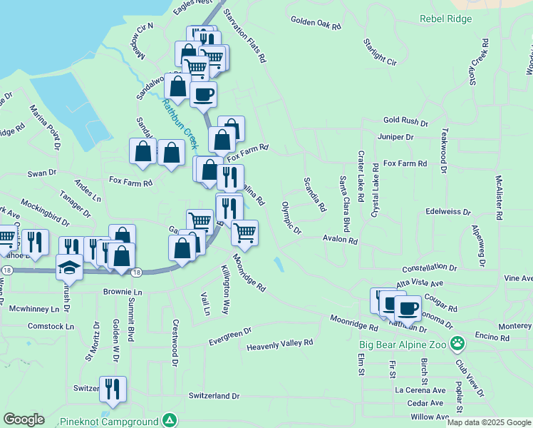 map of restaurants, bars, coffee shops, grocery stores, and more near 447 Catalina Road in Big Bear Lake