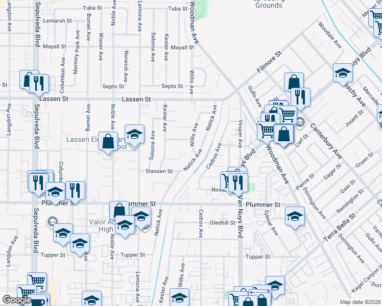 map of restaurants, bars, coffee shops, grocery stores, and more near 9709 Willis Avenue in Los Angeles
