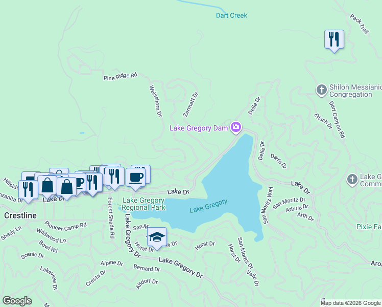 map of restaurants, bars, coffee shops, grocery stores, and more near 384 Wylerhorn Drive in Crestline