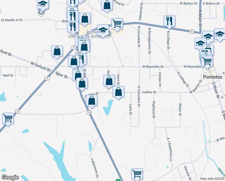 map of restaurants, bars, coffee shops, grocery stores, and more near 274 Coffee Street in Pontotoc