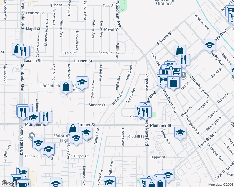 map of restaurants, bars, coffee shops, grocery stores, and more near 9709 Willis Avenue in Los Angeles
