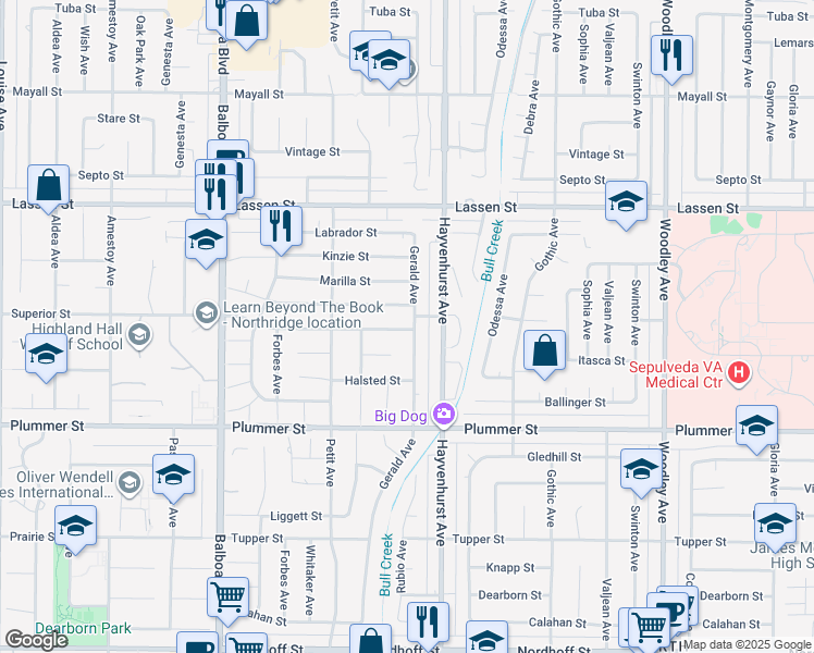 map of restaurants, bars, coffee shops, grocery stores, and more near 16649 Citronia Street in Los Angeles