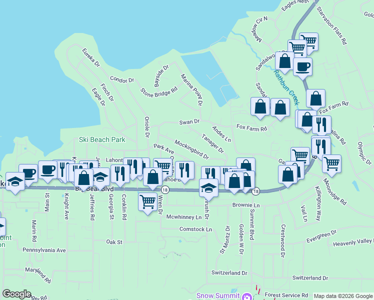 map of restaurants, bars, coffee shops, grocery stores, and more near 41625 Mockingbird Drive in Big Bear Lake
