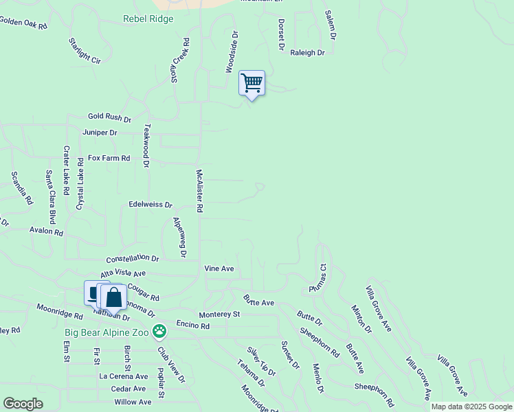 map of restaurants, bars, coffee shops, grocery stores, and more near 1100 Johnny Way in Big Bear