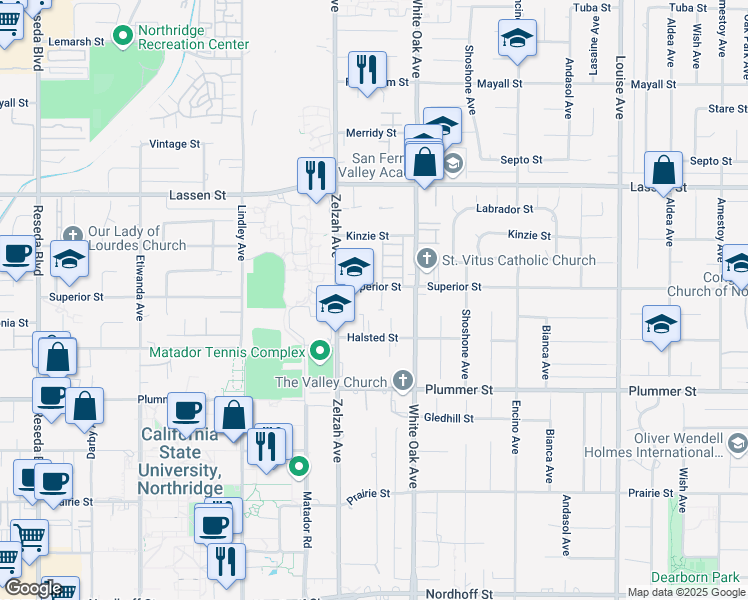 map of restaurants, bars, coffee shops, grocery stores, and more near 17720 Superior Street in Los Angeles